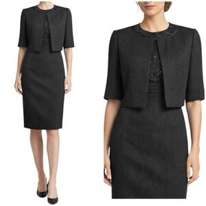 ANTONIO MELANI Sheath Dress w/ Cropped Jacket Black/Gray Chevron Beaded Size 6